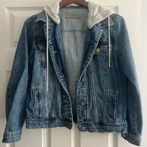 Blank NYC Blue Denim Jacket with Gray Hood
